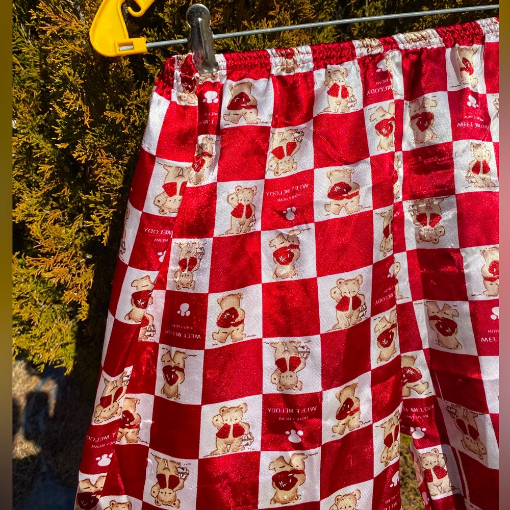 Red & White Checkered Silky Teddy Bear Pajama Pants